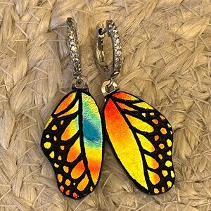 Dichroic Glass Monarch Butterfly Wing Earrings - Hand Etched